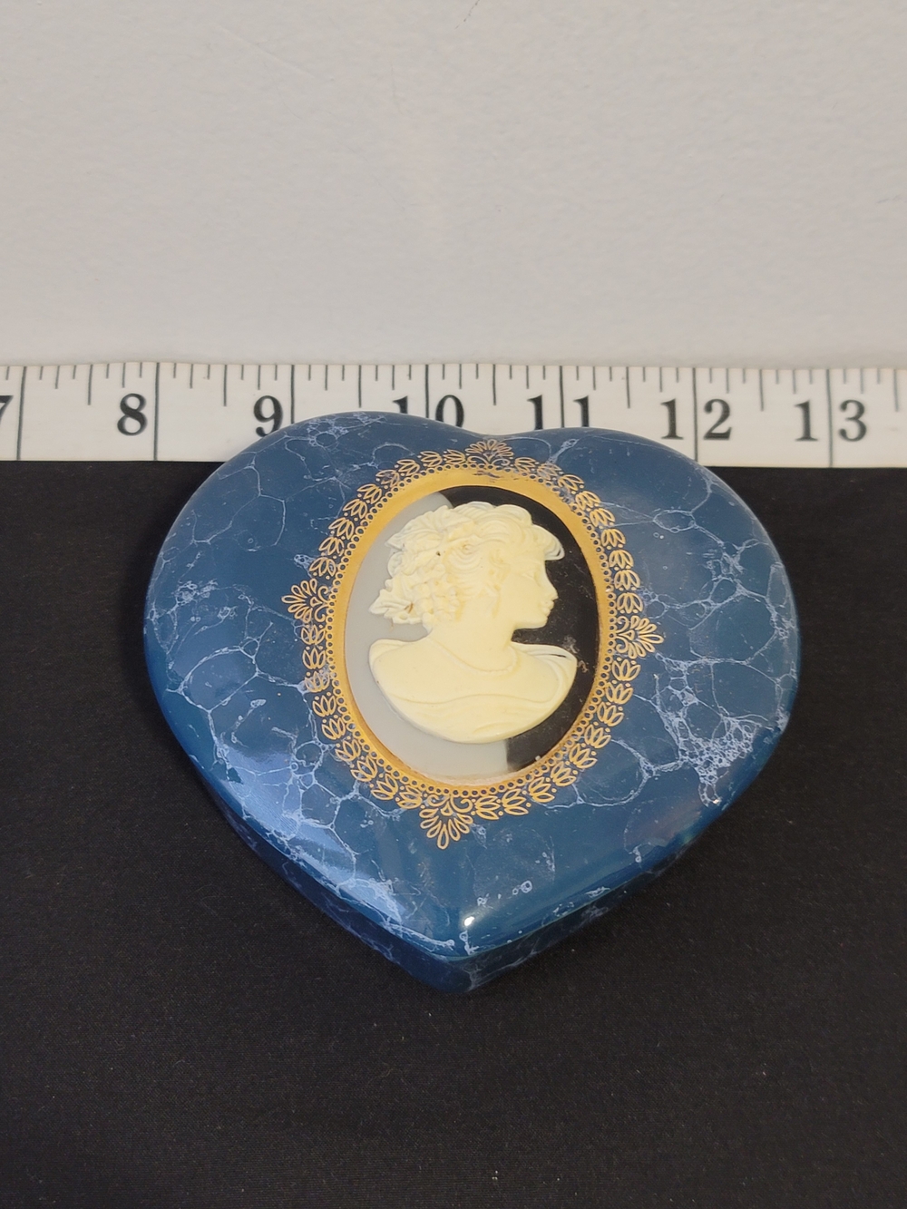 Blue Heart Cameo Decorative Trinket Box with Gold Trim